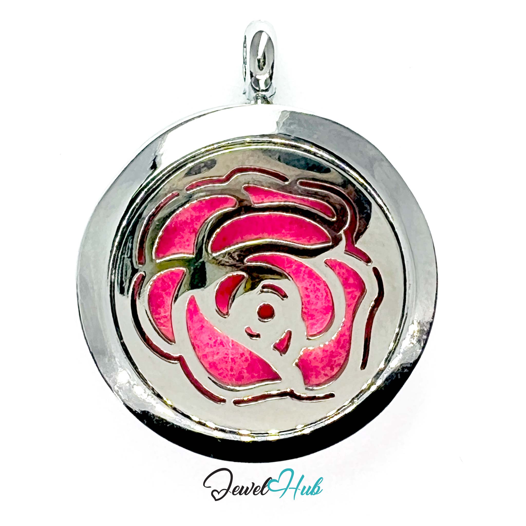 Pink rose-shaped pendant with silver frame on a white background, brand 'Jewel Hub' visible.