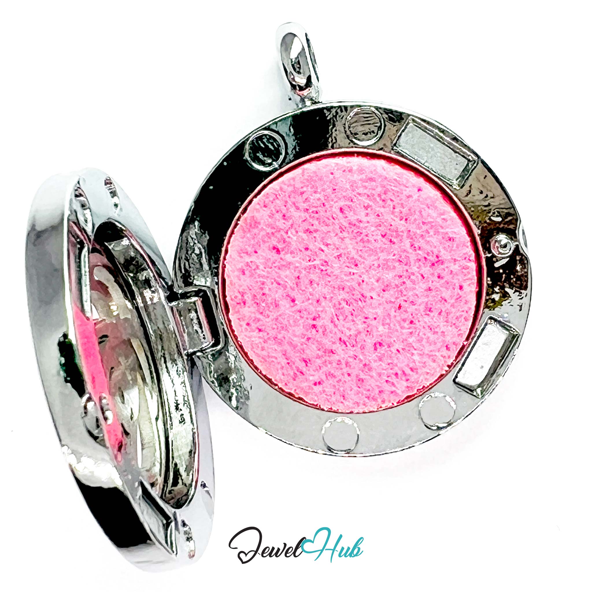 Round silver pendant with pink interior on a white background, branded 'Jewel Hub'.
