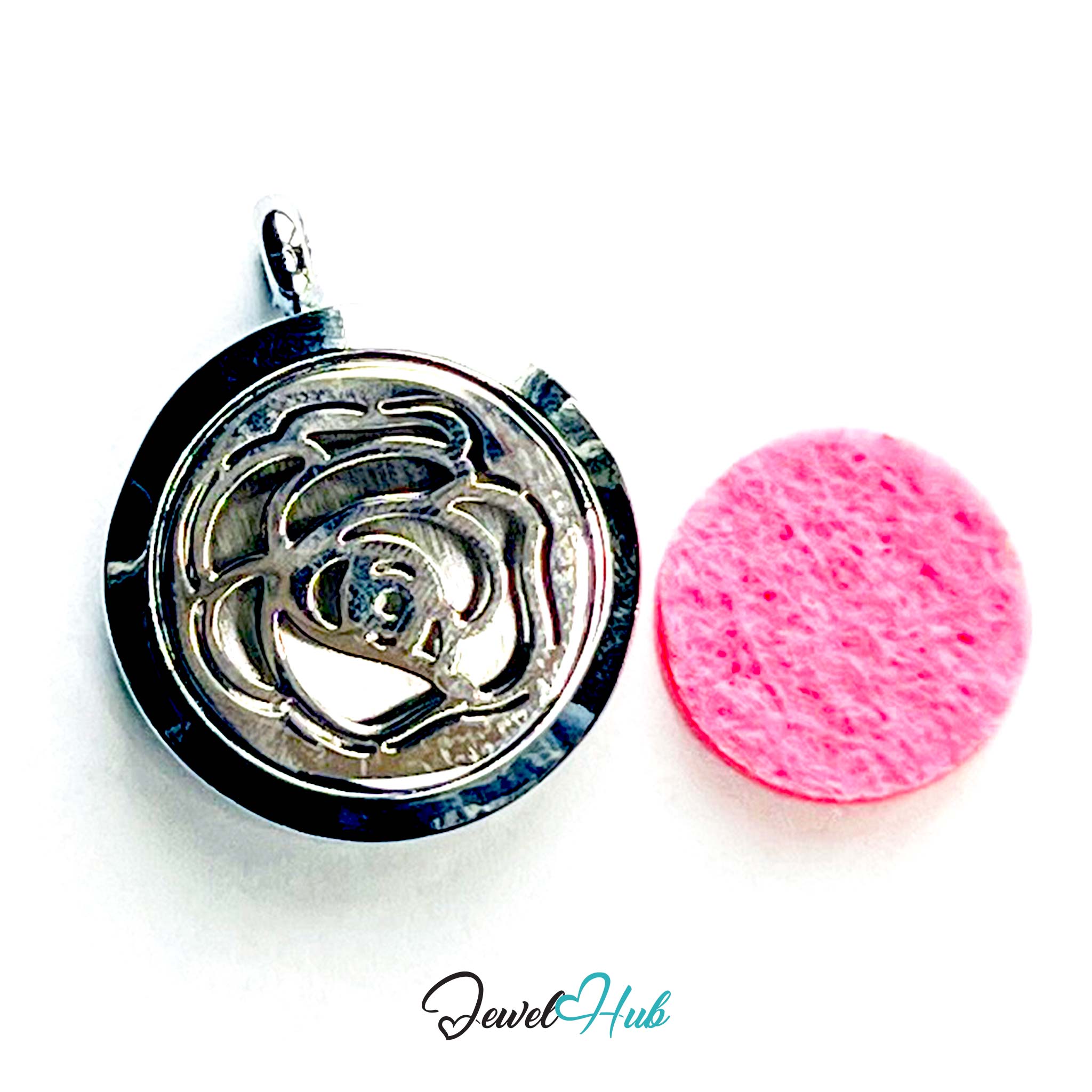 Silver rose-shaped pendant with a pink cleaning cloth on a white background, branded 'Jewel Hub'.