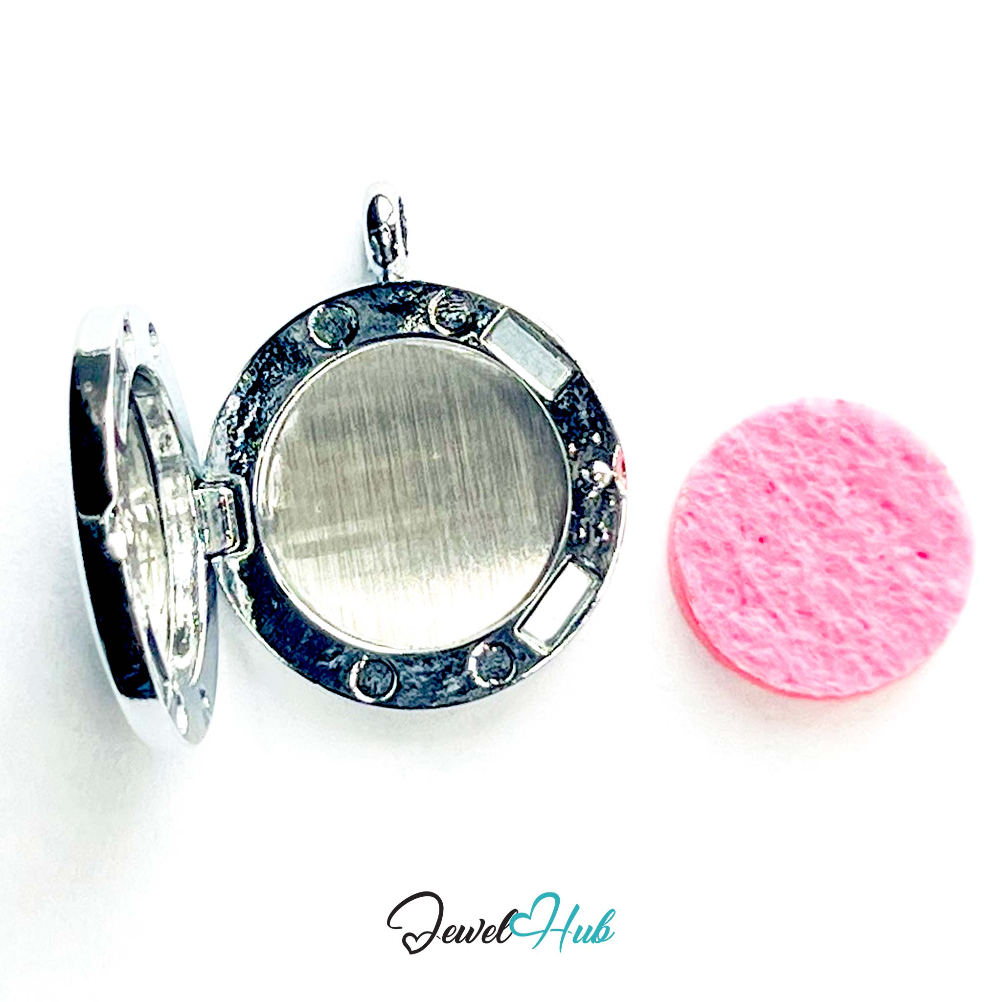 Silver locket with a pink cleaning cloth on a white background, branded 'Jewel Hub'.