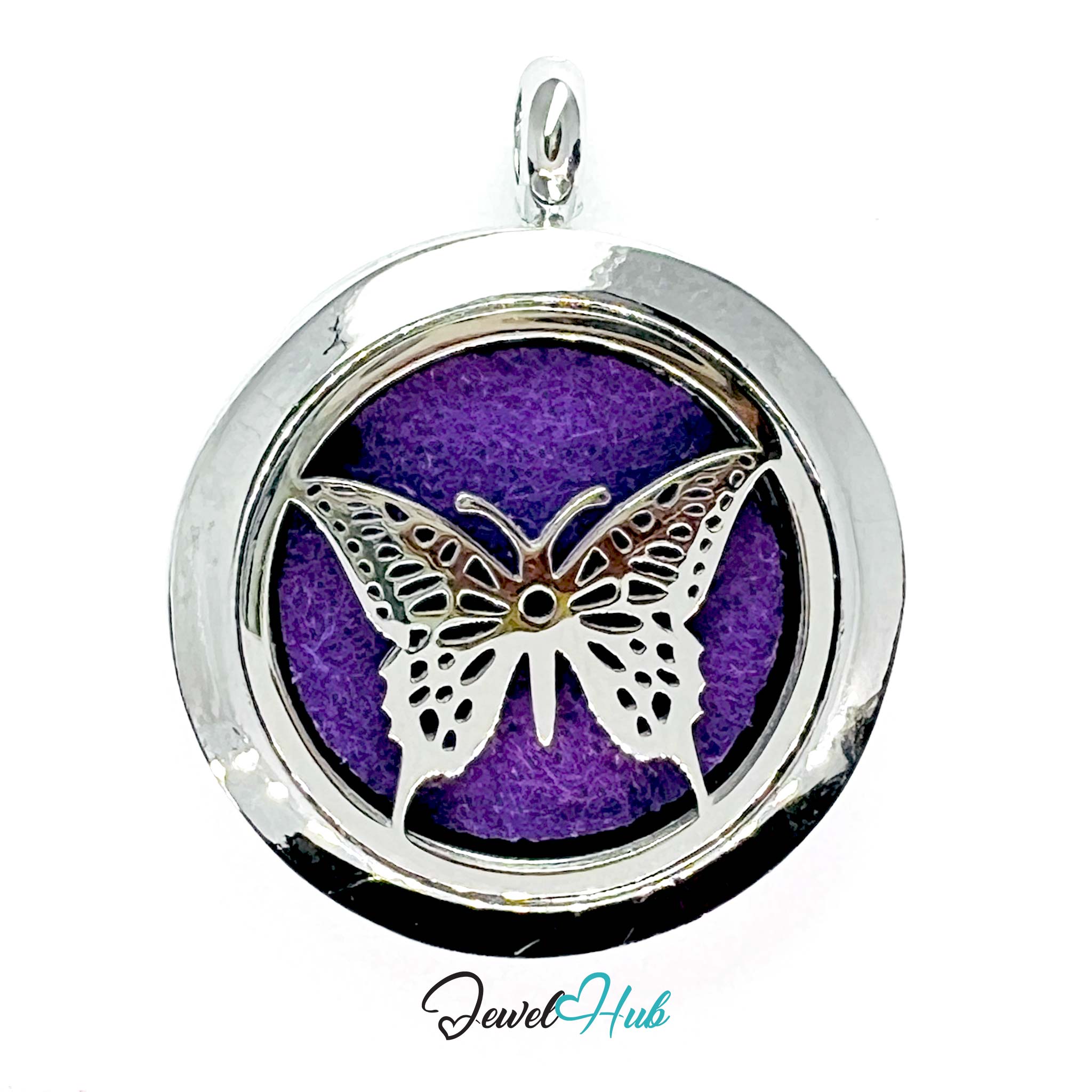 Butterfly pendant on a purple fabric background with 'Jewel Hub' branding.