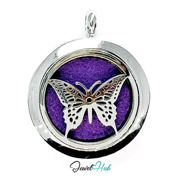 Butterfly pendant on a purple fabric background with 'Jewel Hub' branding.