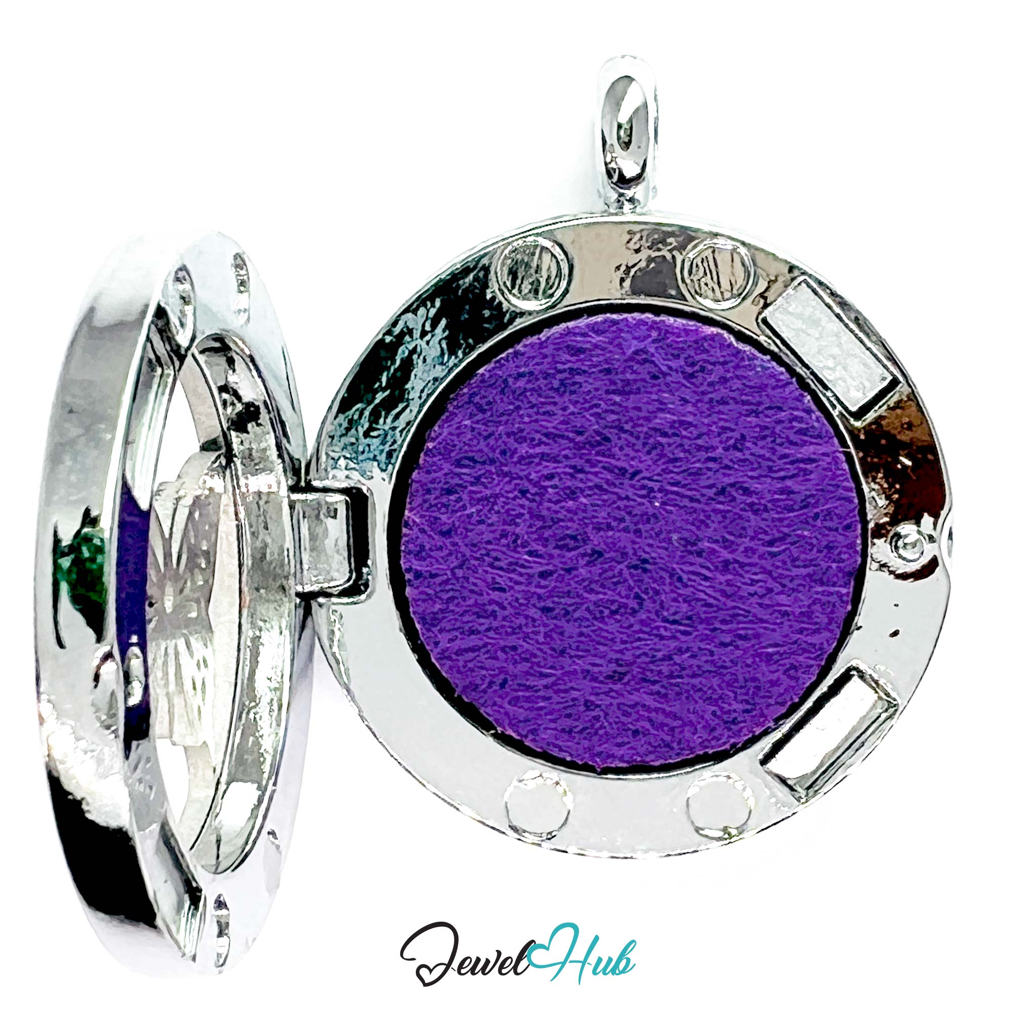 Round silver pendant with a purple center on a white background, branded 'Jewel Hub'.