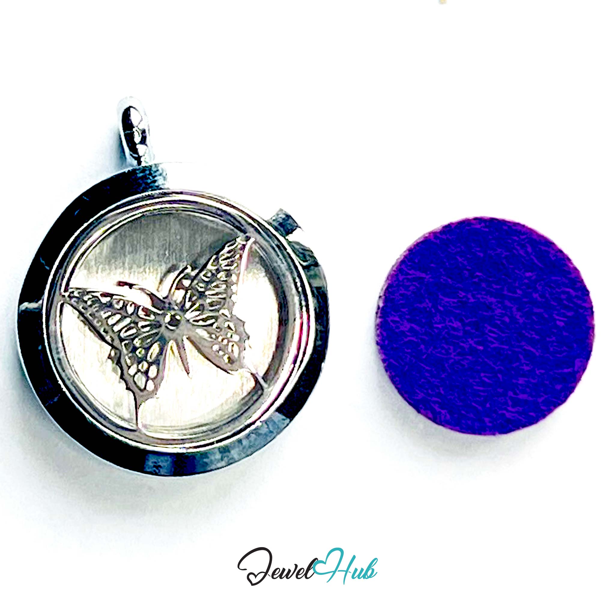 Butterfly pendant in a locket with a purple round object on a white background, branded 'Jewel Hub'.