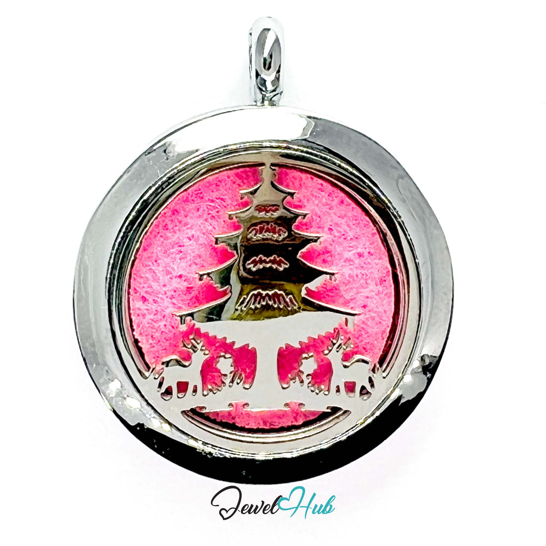 Round pendant with pink interior and silver exterior, featuring a pagoda design, on a white background. Brand 'Jewel Hub' visible.