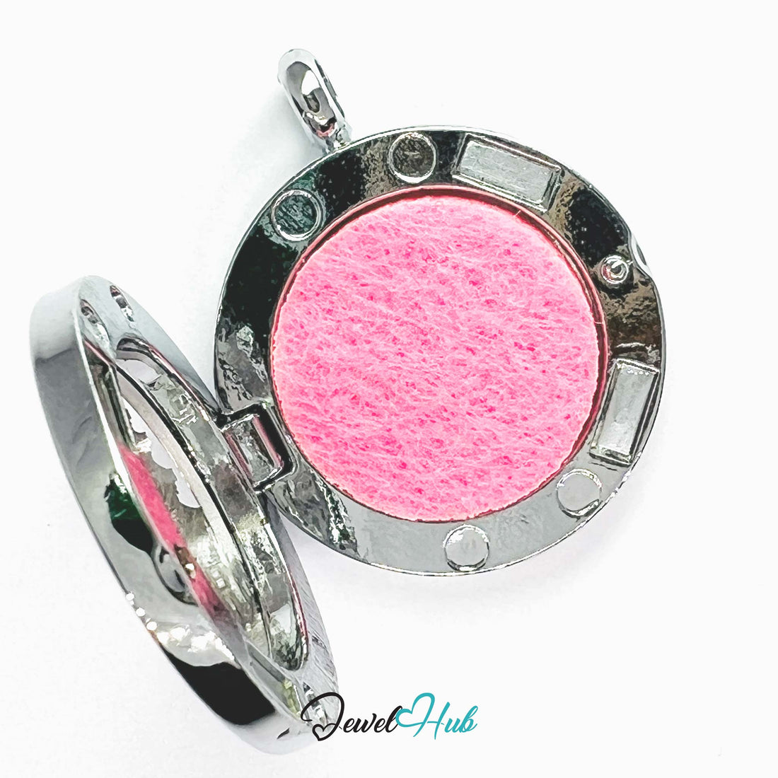Round pendant with pink interior and silver exterior, featuring a pagoda design, on a white background. Brand 'Jewel Hub' visible.