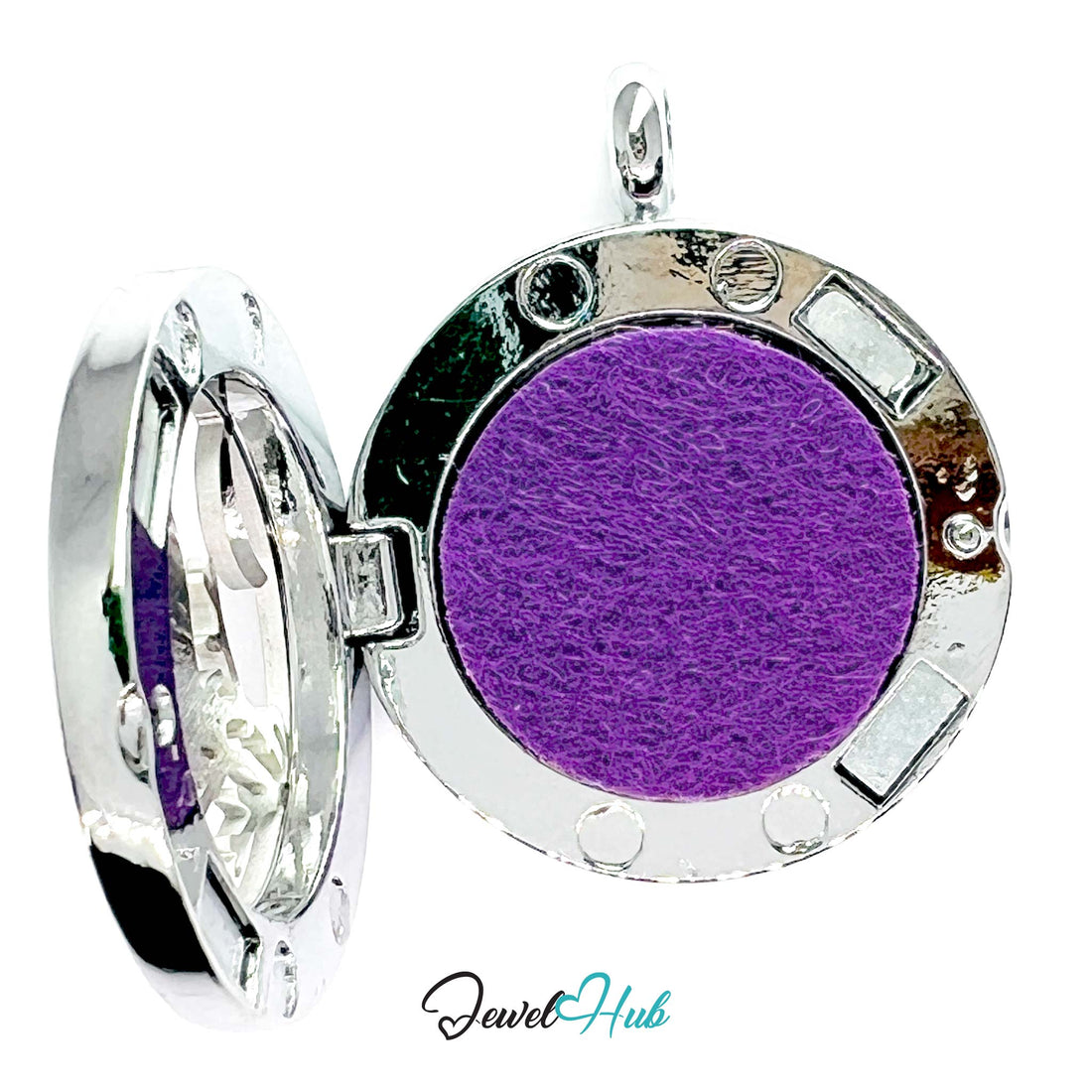 Silver pendant with a purple background and bird design, branded 'Jewel Hub'.