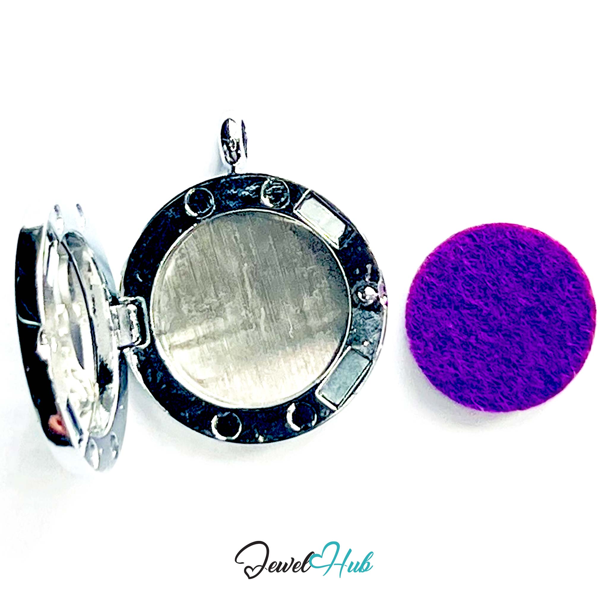 Round silver locket with purple stone on a white background, branded 'Jewel Hub'.