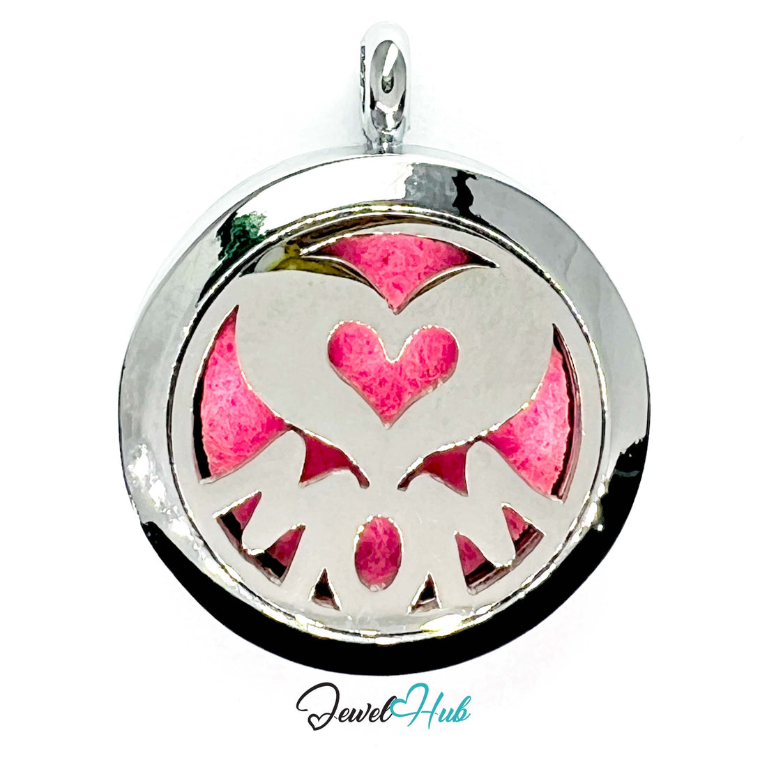 Pendant with 'Mom' and heart design on a pink background, brand 'Jewel Hub' visible