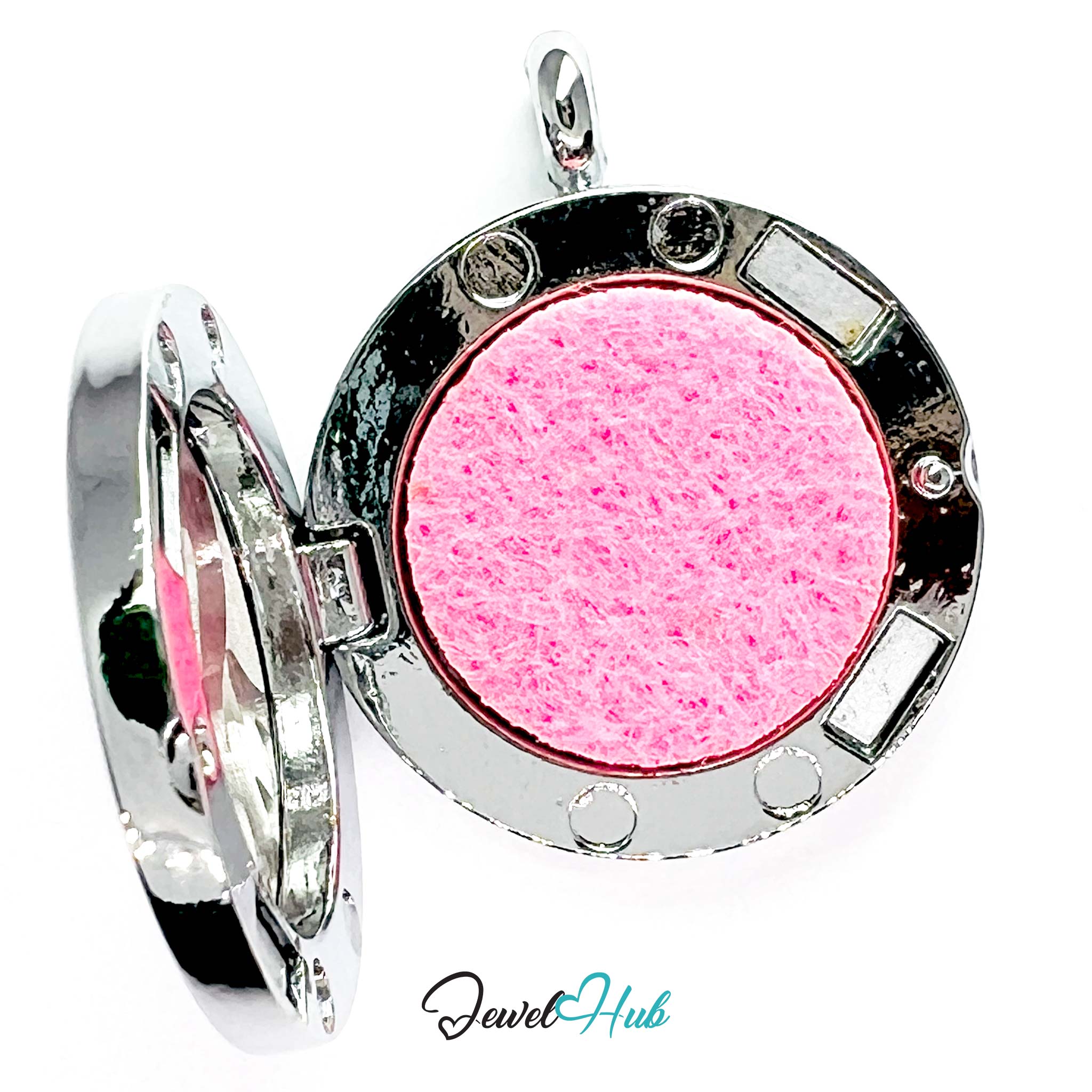 Round silver pendant with pink interior on a white background, branded 'Jewel Hub'.