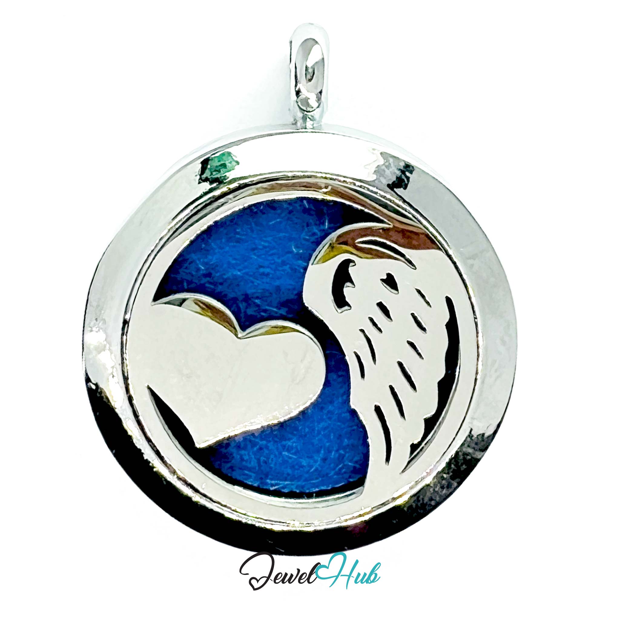 Round pendant with heart and angel wing design on a blue background, branded 'Jewel Hub'.
