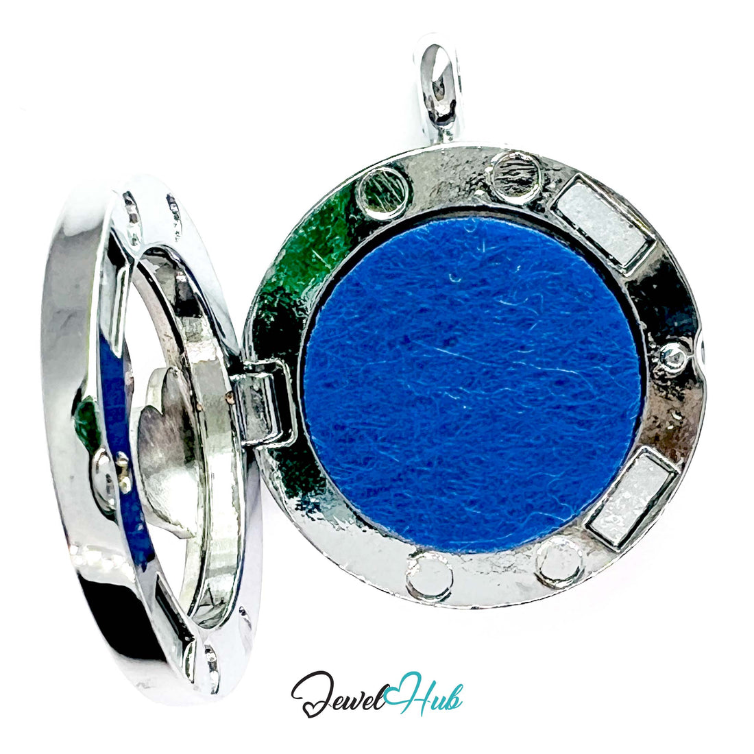 Round pendant with heart and angel wing design on a blue background, branded 'Jewel Hub'.