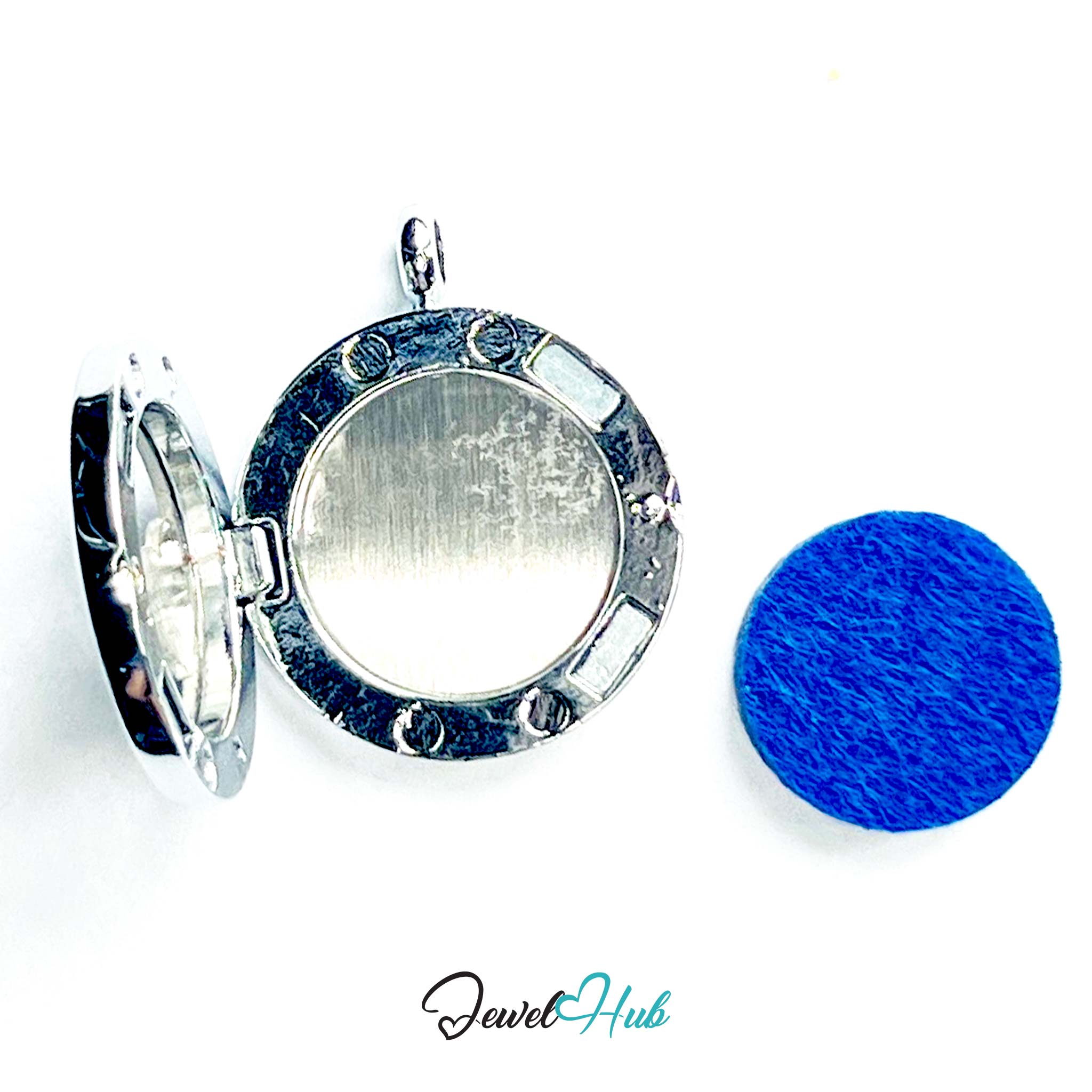 Silver locket with blue stone on a white background, branded 'Jewel Hub'.
