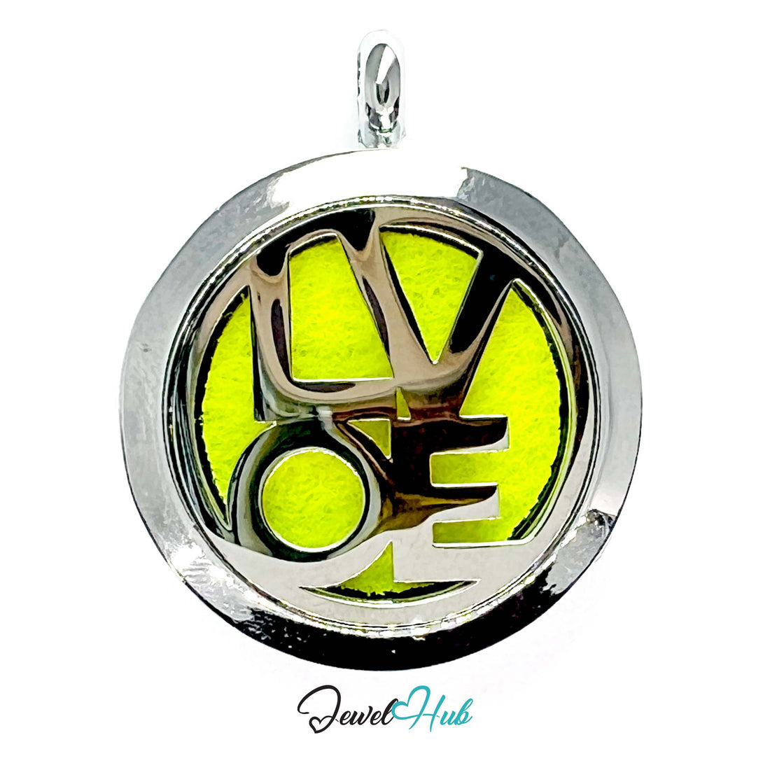 Pendant with 'LOVE' engraving on a yellow background, brand 'Jewel Hub' visible
