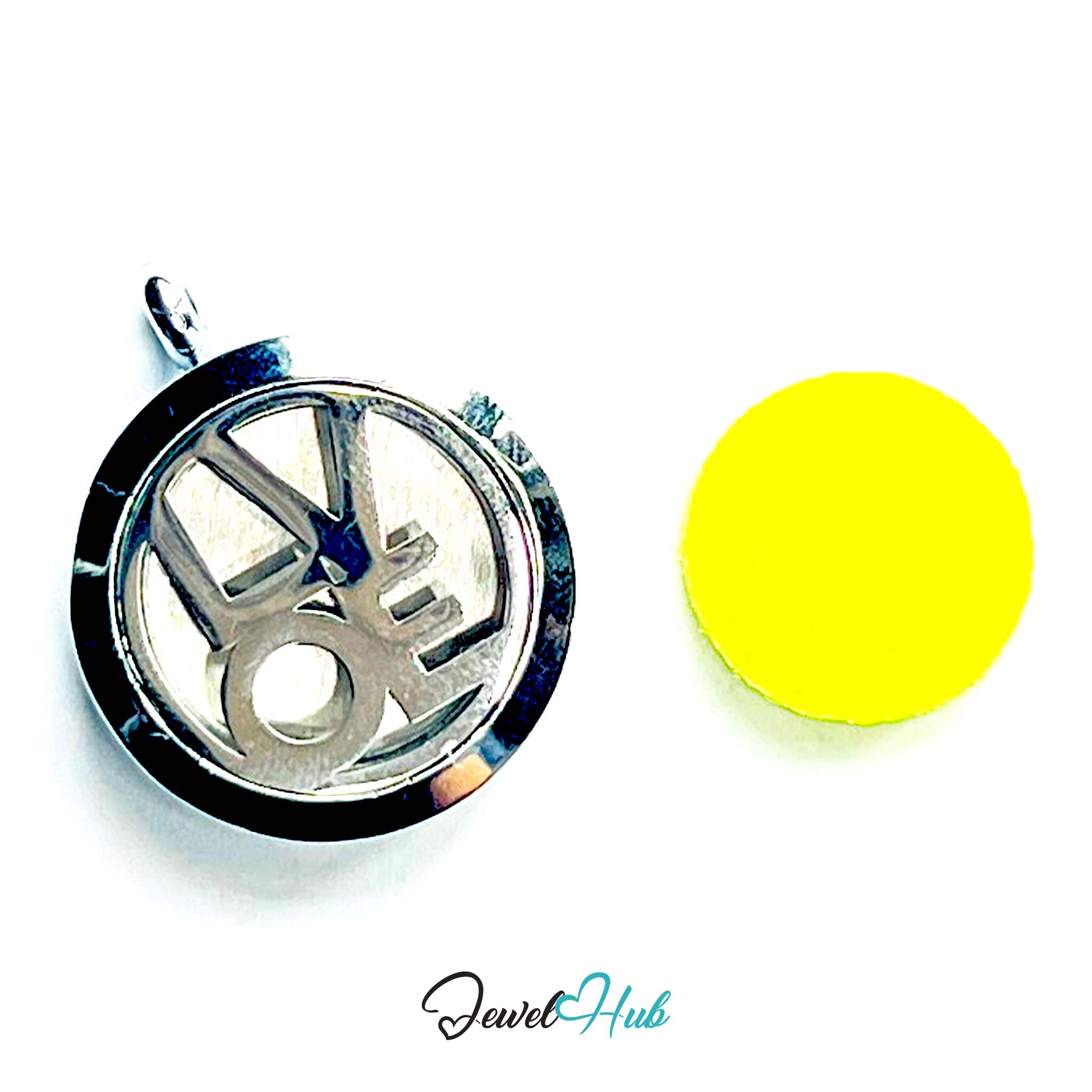 Silver pendant with a yellow disc on a white background, branded 'Jewel Hub'.