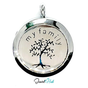 Pendant with 'my family' and tree design on a white background, brand 'Jewel Hub' visible.