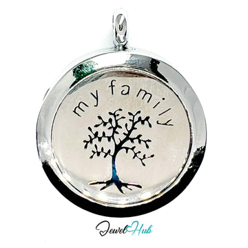 Pendant with 'my family' and tree design on a white background, brand 'Jewel Hub' visible.