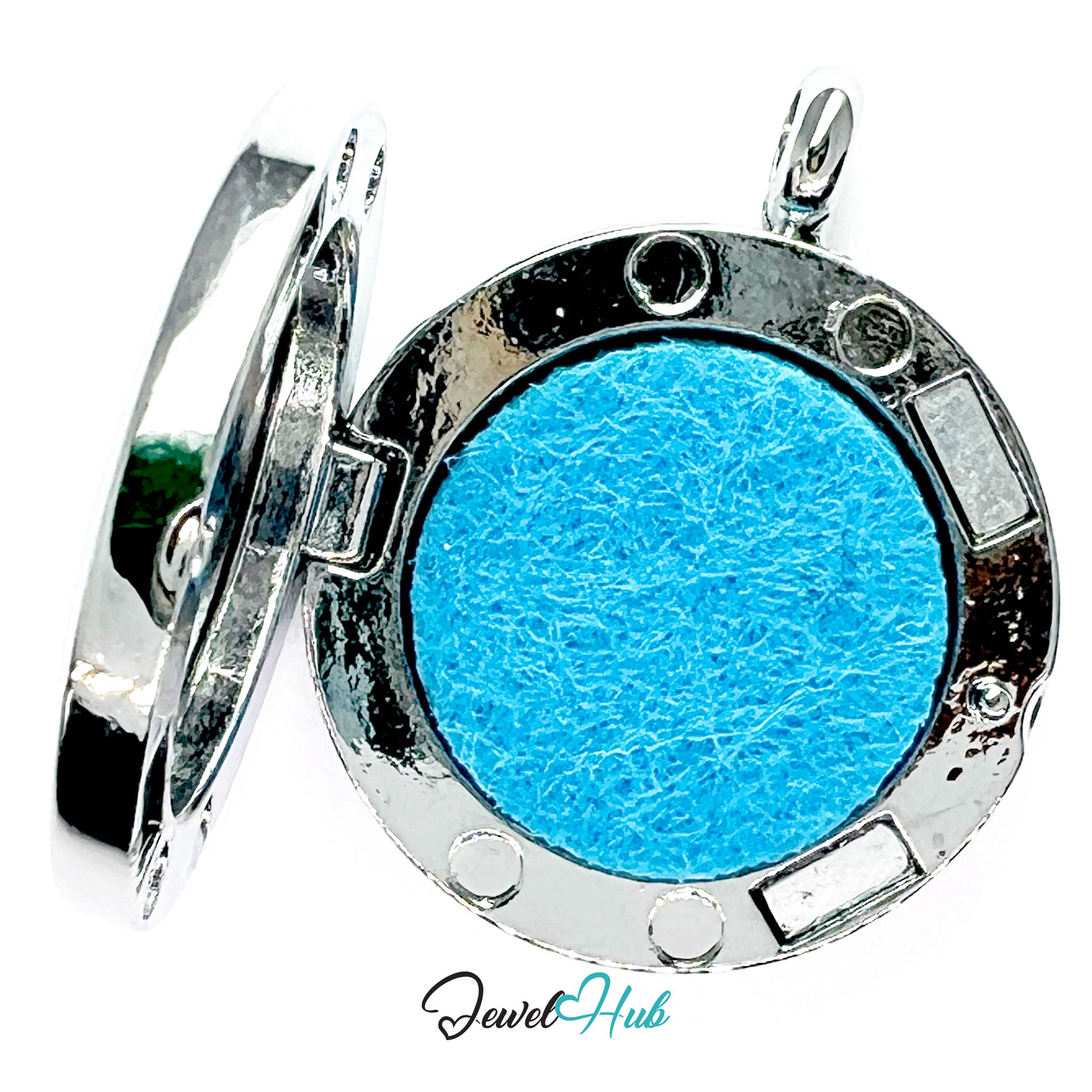 Round pendant with blue center and silver frame on a white background, branded 'Jewel Hub'.