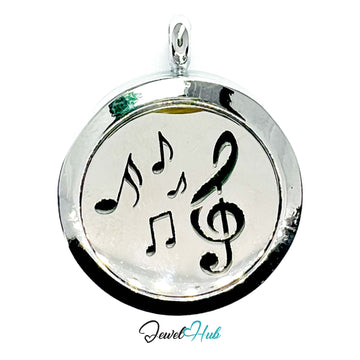 Silver pendant with musical notes on a white background