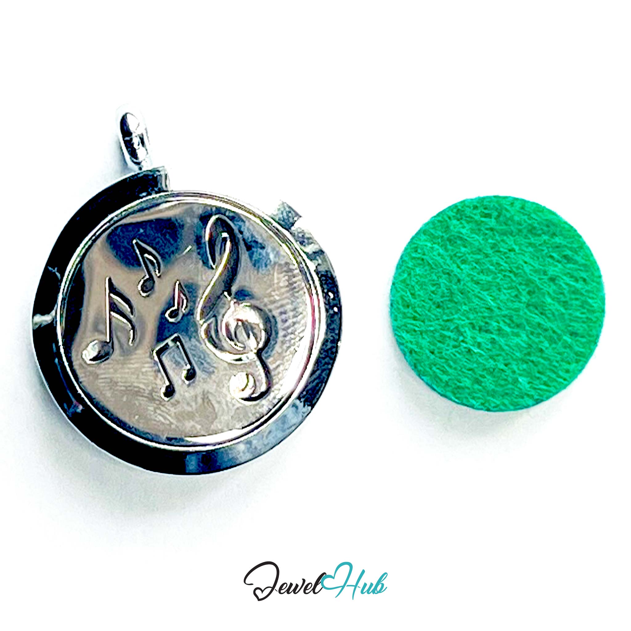Silver pendant with musical notes and a green circular object on a white background, branded 'Jewel Hub'.