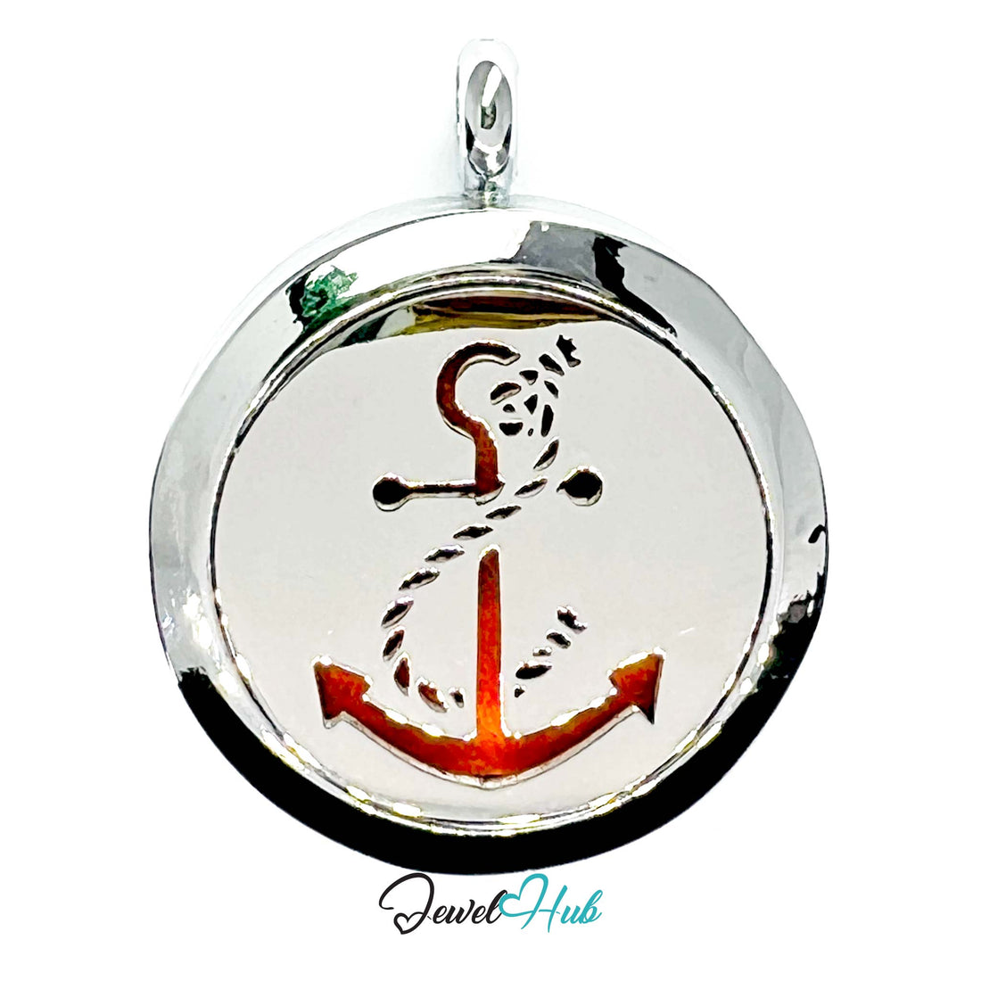 Round silver pendant with anchor design on a white background, branded 'Jewel Hub'.
