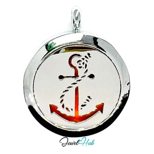 Round silver pendant with anchor design on a white background, branded 'Jewel Hub'.