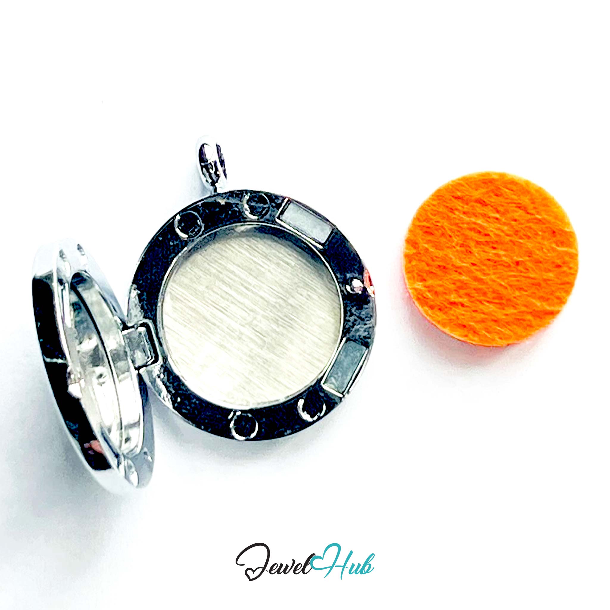 Silver pendant with a white stone and orange fabric ball on a white background, branded 'Jewel Hub'.