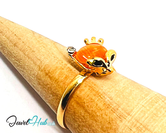 🐭✨ Flying Mouse Ring – Zinc Alloy · Adjustable (J/K/L) · Orange Resin & Zirconia · Symbolic