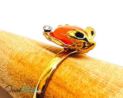 🐭✨ Flying Mouse Ring – Zinc Alloy · Adjustable (J/K/L) · Orange Resin & Zirconia · Symbolic