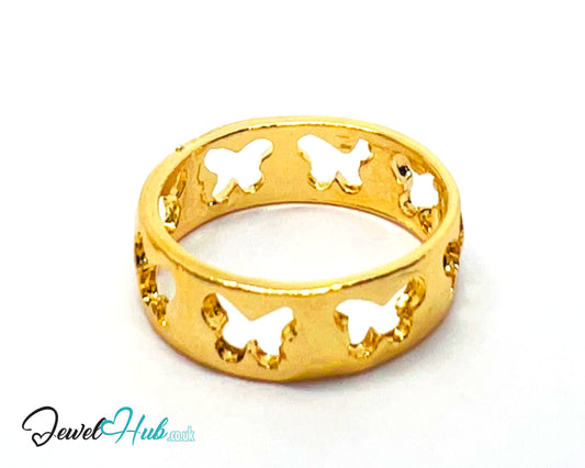 🦋 Gold Butterfly Cutout Ring – Zinc Alloy · UK M · US 6.5 · Sculptural Motif · Gold-Tone Finish