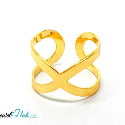 ♾️ Gold Infinity Loop Ring – Zinc Alloy · Adjustable (L/M/N) · Sculptural Crossover Design CA