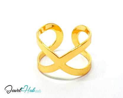 ♾️ Gold Infinity Loop Ring – Zinc Alloy · Adjustable (L/M/N) · Sculptural Crossover Design
