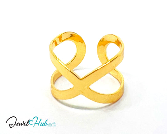 ♾️ Gold Infinity Loop Ring – Zinc Alloy · Adjustable (L/M/N) · Sculptural Crossover Design
