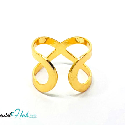 ♾️ Gold Infinity Loop Ring – Zinc Alloy · Adjustable (L/M/N) · Sculptural Crossover Design CA