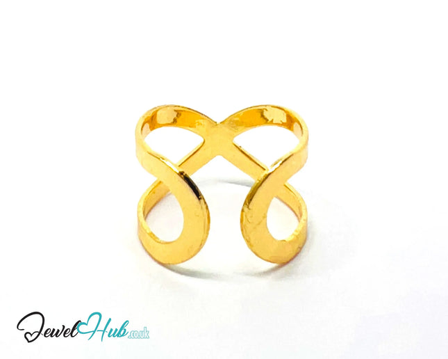 ♾️ Gold Infinity Loop Ring – Zinc Alloy · Adjustable (L/M/N) · Sculptural Crossover Design CA