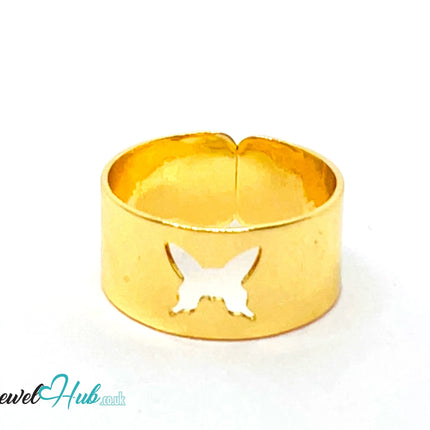 🦋 Gold Butterfly Cutout Ring – Zinc Alloy · UK O · US 7.5 · Sculptural Wrap Motif · Gold-Tone Finish CA