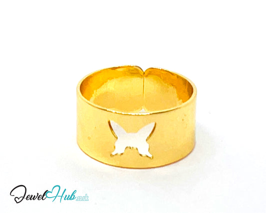 🦋 Gold Butterfly Cutout Ring – Zinc Alloy · UK O · US 7.5 · Sculptural Wrap Motif · Gold-Tone Finish