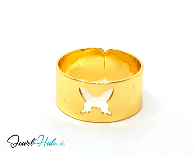 🦋 Gold Butterfly Cutout Ring – Zinc Alloy · UK O · US 7.5 · Sculptural Wrap Motif · Gold-Tone Finish CA