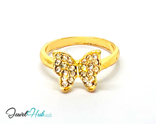 🎀 Gold Bow Ring – Zinc Alloy · UK L · US 6 · Pavé Synthetic Zirconia · Gold-Tone Finish