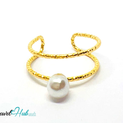 ⚪ Gold Pearl Halo Ring – Zinc Alloy · Adjustable (N/O/P) ·  Single Faux Pearl Accent CA