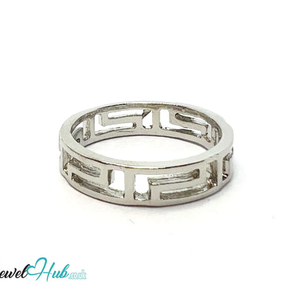 ▫️ Greek Key Cutout Ring – Zinc Alloy · UK P · US 8 · Repeating Rectangle Motif · Silver-Tone Finish CA