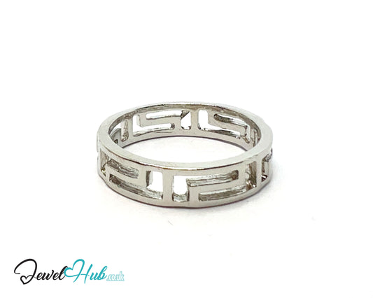▫️ Greek Key Cutout Ring – Zinc Alloy · UK P · US 8 · Repeating Rectangle Motif · Silver-Tone Finish