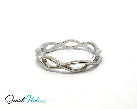 ➰ Twisted Loop Ring – Zinc Alloy · UK M · US 6.5 · Sculptural Wrap Motif · Silver-Tone Finish