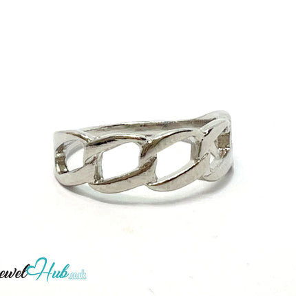 🔗 Chain-Link Band Ring – Zinc Alloy · UK P · US 8 · Interlocking Motif · Silver-Tone Finish CA
