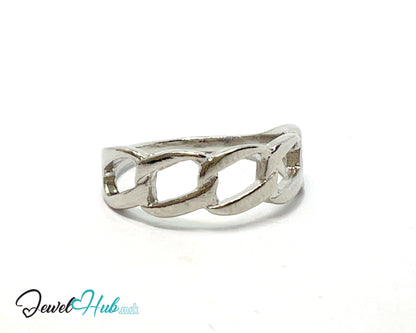 🔗 Chain-Link Band Ring – Zinc Alloy · UK P · US 8 · Interlocking Motif · Silver-Tone Finish