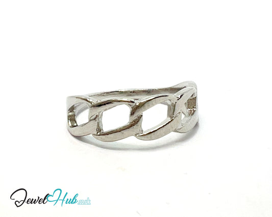 🔗 Chain-Link Band Ring – Zinc Alloy · UK P · US 8 · Interlocking Motif · Silver-Tone Finish