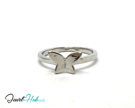 🦋 Butterfly Accent Ring – Zinc Alloy · UK P · US 8 · Sculptural Motif · Silver-Tone Finish