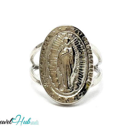 ✨ Virgin Mary Oval Ring – Zinc Alloy · UK O · US 7.5 · Engraved Religious Motif · Symbolic · Silver-Tone Finish CA