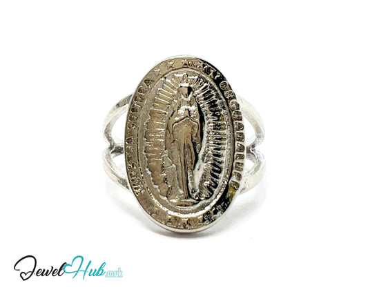 ✨ Virgin Mary Oval Ring – Zinc Alloy · UK O · US 7.5 · Engraved Religious Motif · Symbolic · Silver-Tone Finish