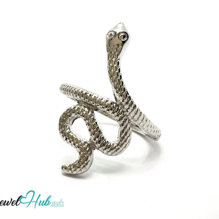 🐍 Serpent Coil Ring – Zinc Alloy · UK P · US 8 · Sculptural Snake Motif · Symbolic · Silver-Tone Finish CA